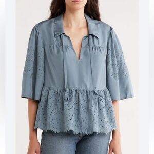 NWOT Rebecca Taylor Tie Keyhole Embroidered Eyelet Silk Peplum Top